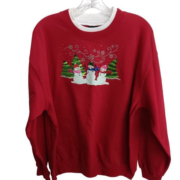 EUC Trilllogy XL Red Snowmen Winter Applique Rhinestone Sweatshirt - Picture 1 of 4